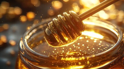 Golden honey dripping from dipper high resolution picture