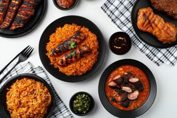 Highquality array of diverse dishes in cinematic top view