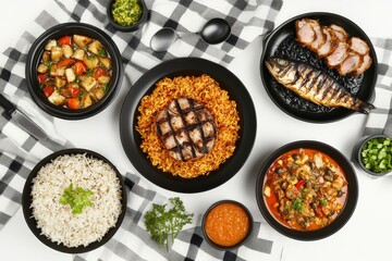 Highquality array of diverse dishes in cinematic top view