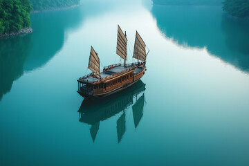 Traditional Chinese junk ship floating peacefully on calm waters, symbolizing timeless maritime heritage and grace