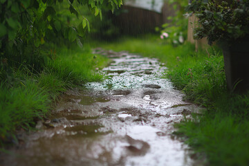 Damp backyard scene featuring muddy footprints on soft earth, evoking rustic charm and playful memories