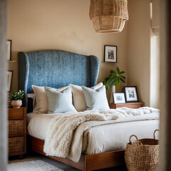 Styled Bedroom with Earthy Tones, Textured Blue Headboard, Soft Textiles, and Cozy Atmosphere