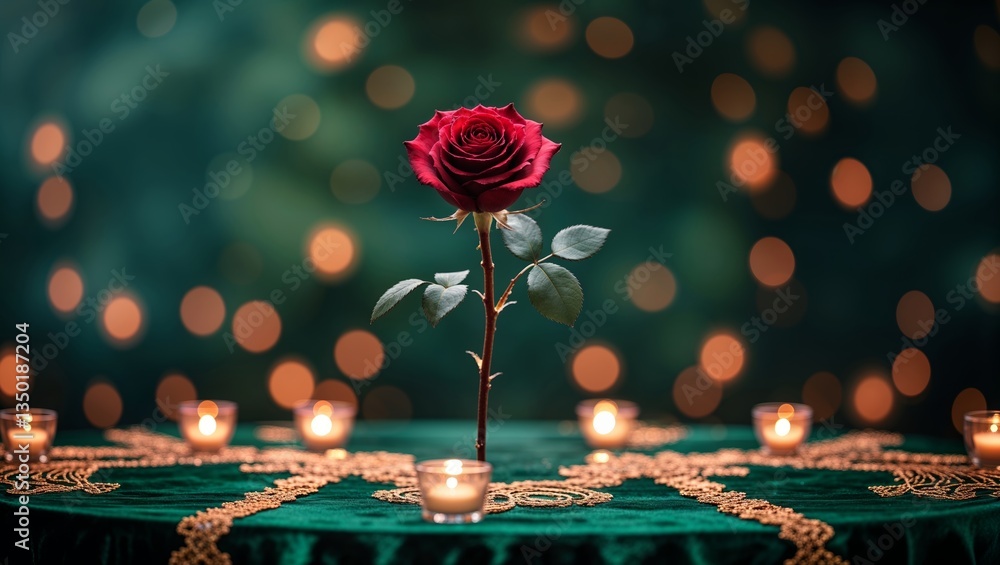 Aufkleber elegant red rose centerpiece surrounded by candles on a richly textured green table during an intima