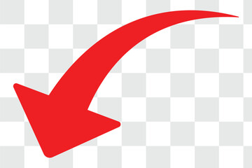 A simple, red, curved arrow pointing to the right and down on a white background. Direction symbol. Vector illustration. eps 10 © Gemivector5