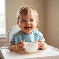 Adorable thankful little baby boy with smeared face and tongue out just finished tasty meal and hold white bowl looking at camera wanting more sitting at high feeding chair. Child nutrition concep