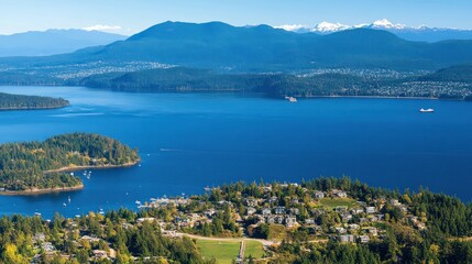 Coastal town aerial view, mountains background, ocean, boats,  homes, sunny day, travel brochure
