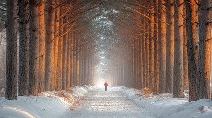 Serene Snow-Covered Path with Sunlit Trees and a Lone Walker
