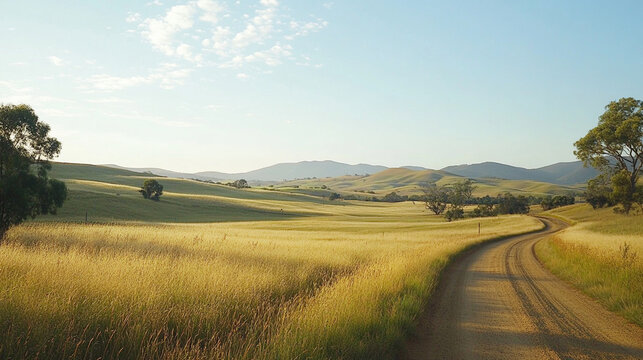 Serene rural landscape with a winding dirt road amidst golden fields and distant mountains under a clear sky