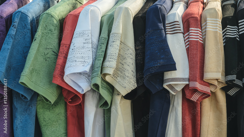 Poster a row of shirts hanging on a rack, with a variety of colors and patterns. the shirts are neatly fold