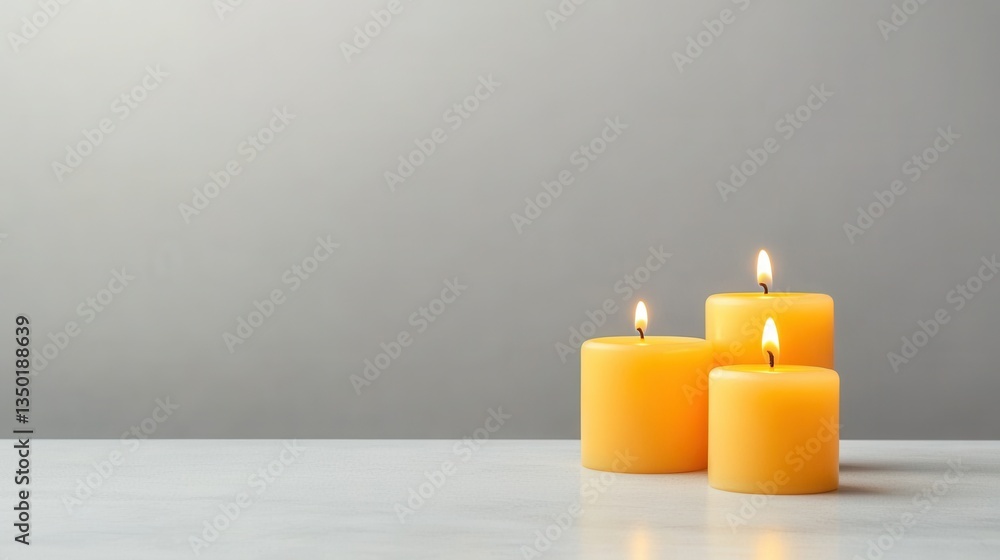 Aufkleber tranquil ambiance with three glowing yellow candles on a minimalistic table against a soft gray back