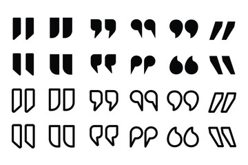Quote right icon set. double quotation vector symbol. discussion dialog remark open and close quote sign in black filled and outlined style. vector illustration eps 10.