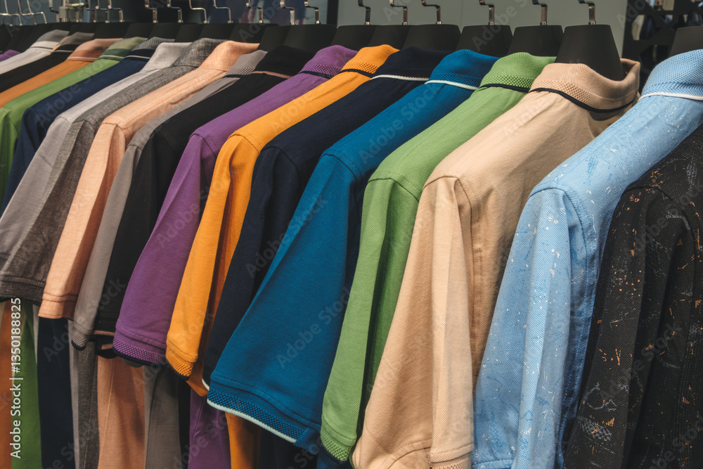 Poster a row of shirts hanging on a rack, with a variety of colors and patterns. the shirts are neatly fold