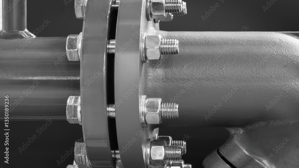 Poster a metal pipe with a lot of nuts and bolts on it. the nuts and bolts are all different sizes and are 