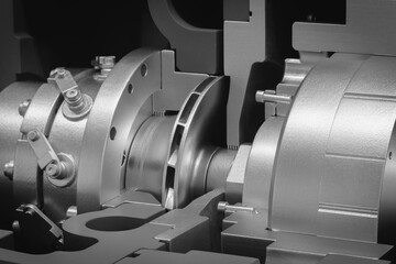 A close up of a machine with a lot of metal parts. The machine is made of metal and has a lot of...