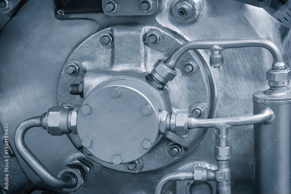 Poster a machine with many bolts and nuts on it. the bolts and nuts are silver and the machine is blue