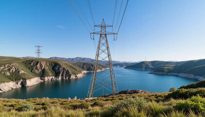 High-voltage transmission towers by serene hydroelectric lake, energy distribution