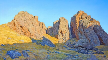 Fototapeta premium Golden-hour mountain rock formations, Caucasus, autumn landscape, travel poster