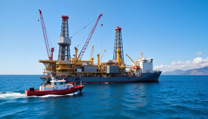 Naklejka premium Offshore oil drilling platform with cranes and support ships, advanced energy extraction