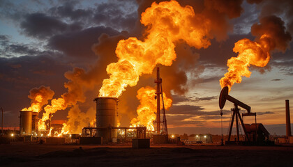 Flames erupting from oil refinery stacks at sunset, industrial energy