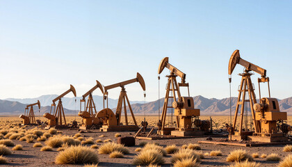 Large-scale oil extraction by pumpjacks in desert landscape, energy production