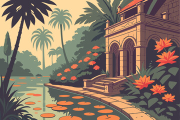 Obraz premium 13 Tropical garden paradise, reflective pool, colorful exotic flowers, vibrant orange and pink blooms, lush palm trees, ornate stone architecture, dappled sunlight, tranquil water surface, floating li