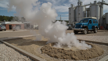 Steam rising from cement production facility, industrial processing