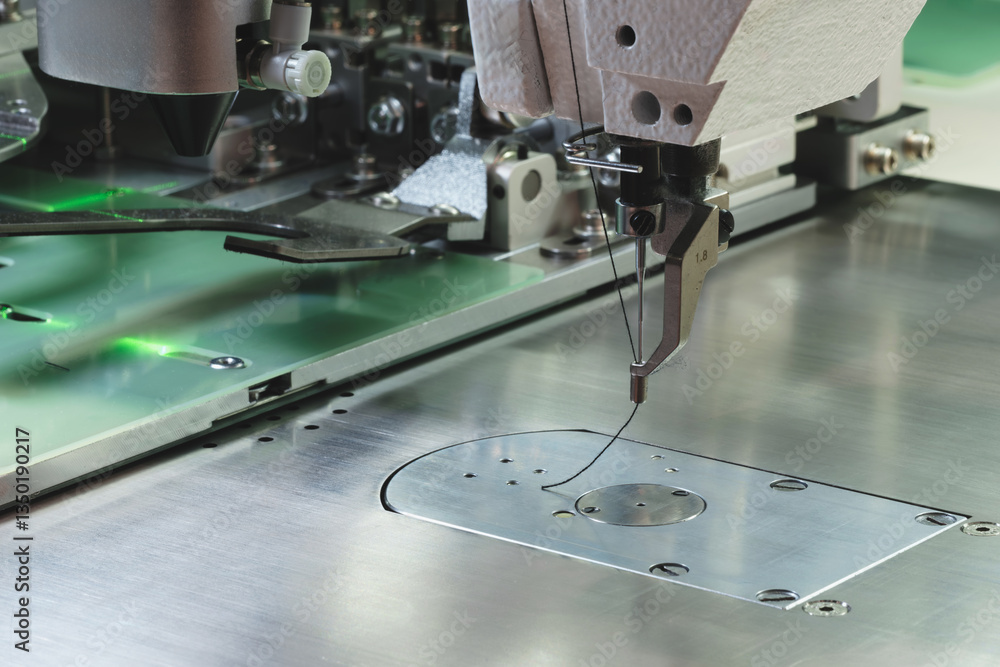 Aufkleber a sewing machine is in use, with a needle and thread being pulled through a piece of fabric. the mac
