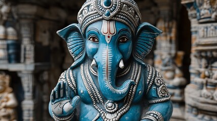 Blue Ganesha statue, ornate details, religious art.