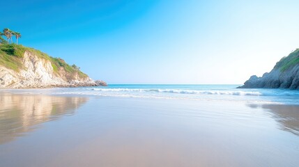 Serene beach cove with calm waves. Coastal scenery with soft light and gentle waves lapping on a tranquil beach. Lush green hills and rocky cliffs form a picturesque backdrop