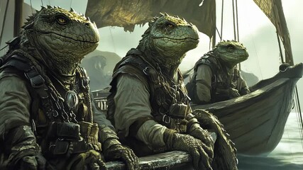 Three lizards on boat. Lizard in the sea with a boat in the water. A pirates costume with a cartoon of pirates in the sky. Three lizards aboard a boat lifestyle. - Powered by Adobe