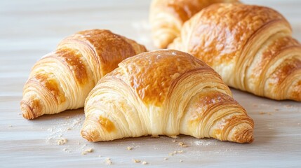 Golden, flaky croissants on a light wooden surface