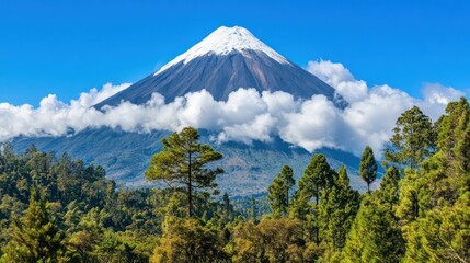 Obraz premium Snow-capped volcano majestic view, clouds, forest, sunny day, travel postcard