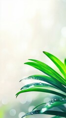 Obraz premium Dew-kissed green leaves in morning light for nature and wellness design