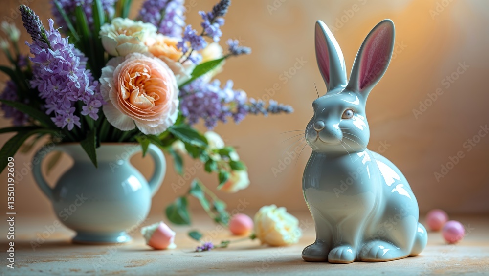 Poster elegant porcelain rabbit with spring flowers in a vase on a soft background