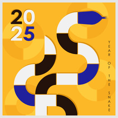 Trendy greeting card with vibrant illustration for 2025 Year of the Snake with a geometric snake in blue, white, black on yellow background with circles, stars. Modern vector poster with bold design