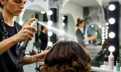 Hairdresser styling woman's hair with hairspray in salon