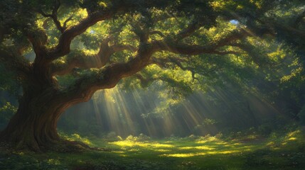 Sunlight streams through ancient forest canopy. Lush greenery and sunlight illuminate a mystical clearing