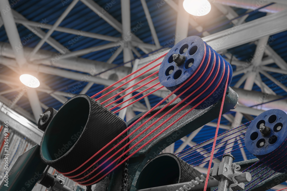 Poster a machine with a red and blue rope is in the middle of a factory. the machine is surrounded by other