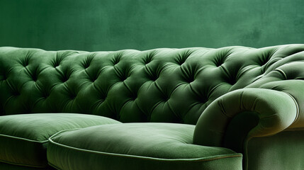 Obraz premium Luxurious green velvet tufted sofa with elegant classic design in a matching green background