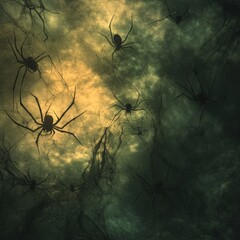 Spiders crawling through a dark, eerie web in a dimly lit environment during twilight hours