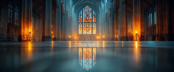 Grand cathedral interior, stained-glass light
