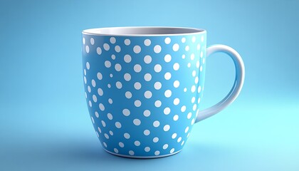 Blue polka dot mug on blue background.