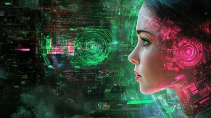 Woman, digital overlay, futuristic city, AI interface, technology concept