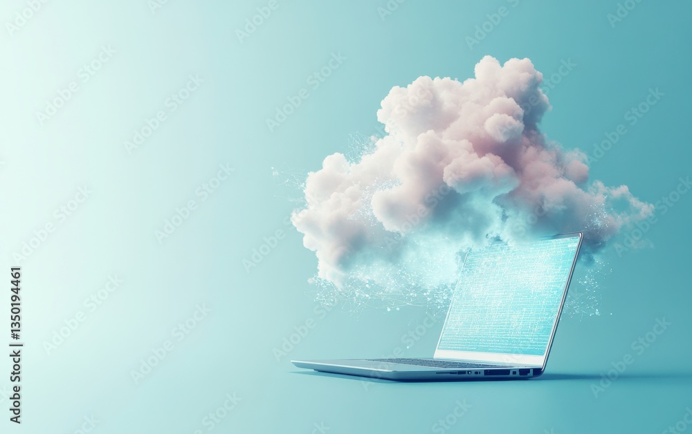 Poster blue background with digital clouds connected to a laptop, symbolizing cloud computing technology fo
