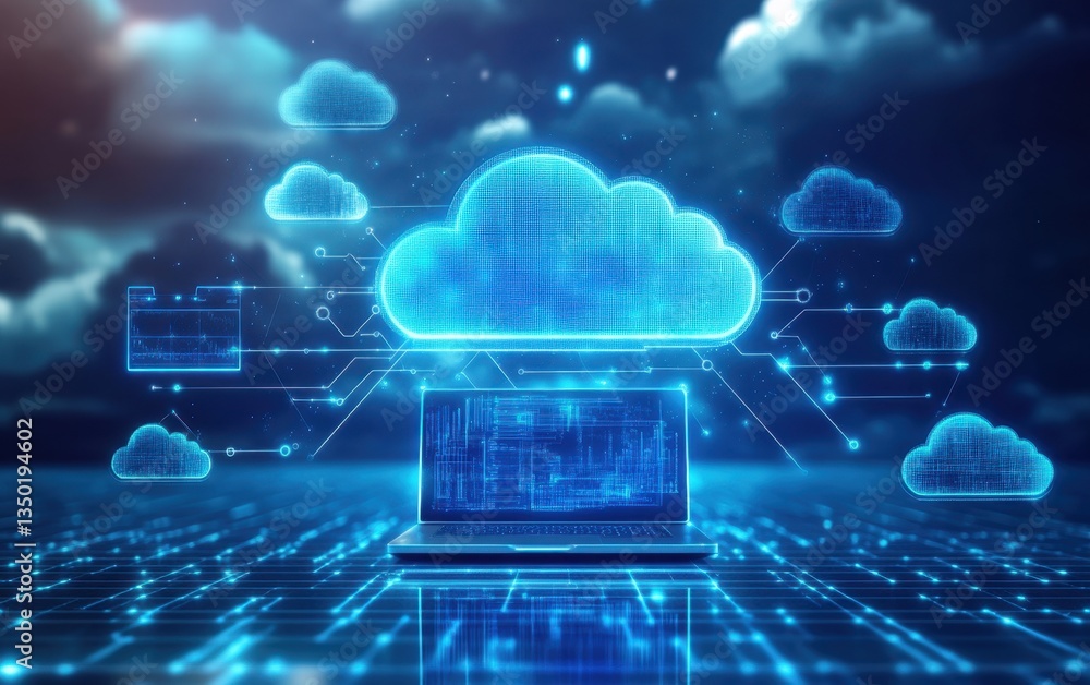 Poster a blue background with digital clouds connected to each other and above the laptop, representing clo