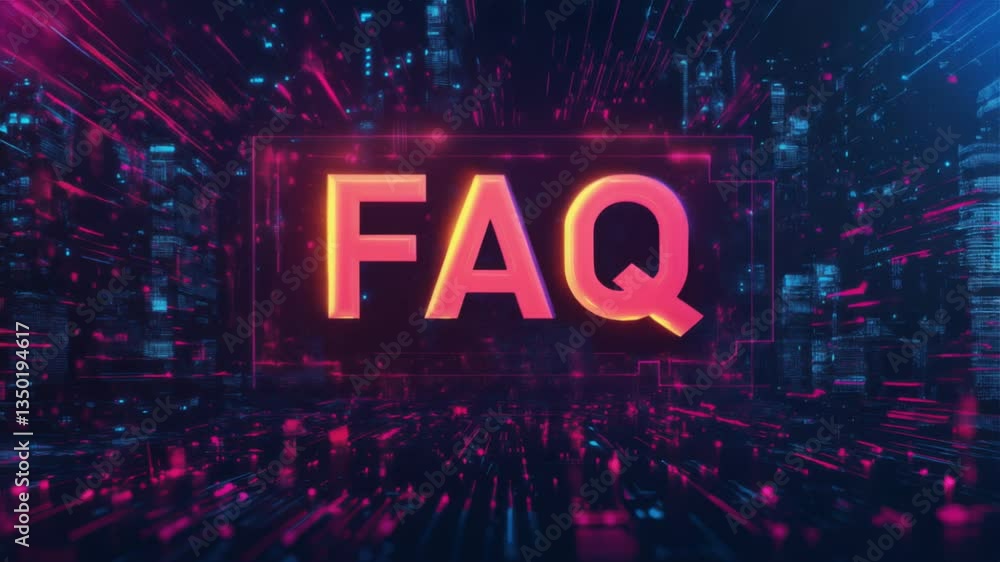 Poster neon faq text on futuristic digital background with glowing lights and technology theme.