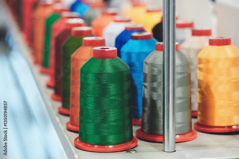 Aufkleber a row of colorful spools of thread are displayed on a table. the spools are arranged in a way that t