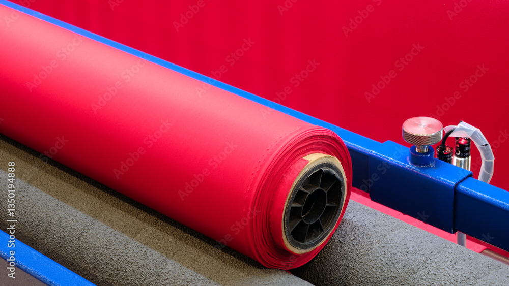Aufkleber a red roll of fabric is being fed through a machine. the machine is blue and has a blue handle