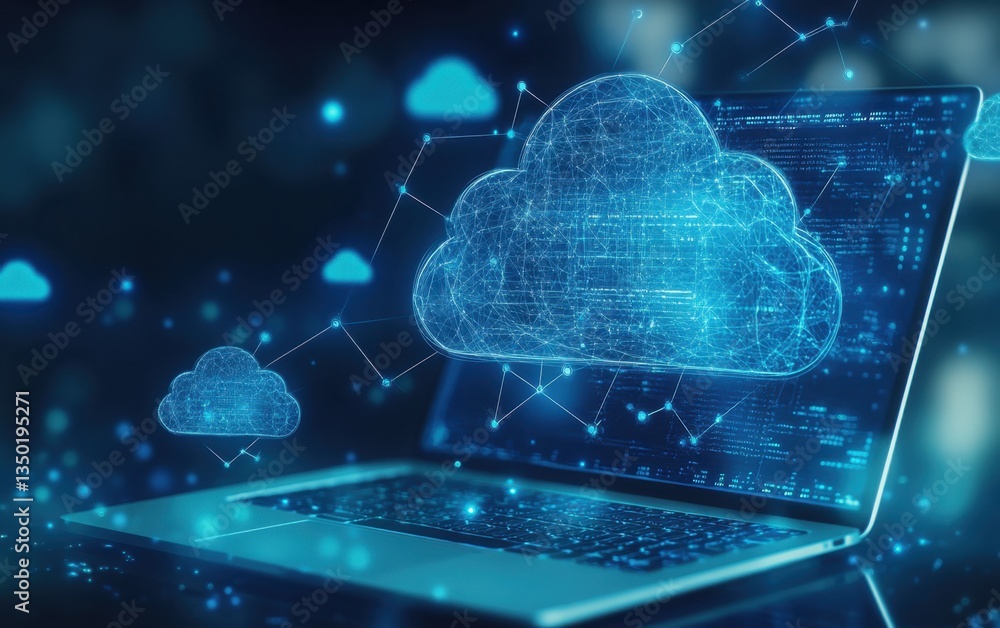 Poster a blue background with cloud icons connected to each other and a laptop, symbolizing the connection 