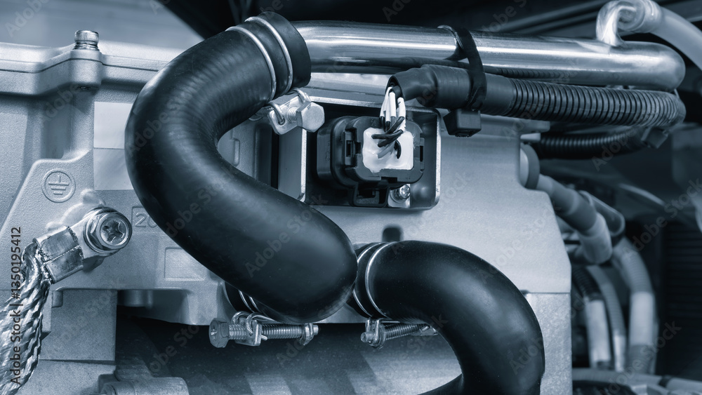 Poster A close up of a car engine with a black hose. The hose is attached to the engine and is black in color